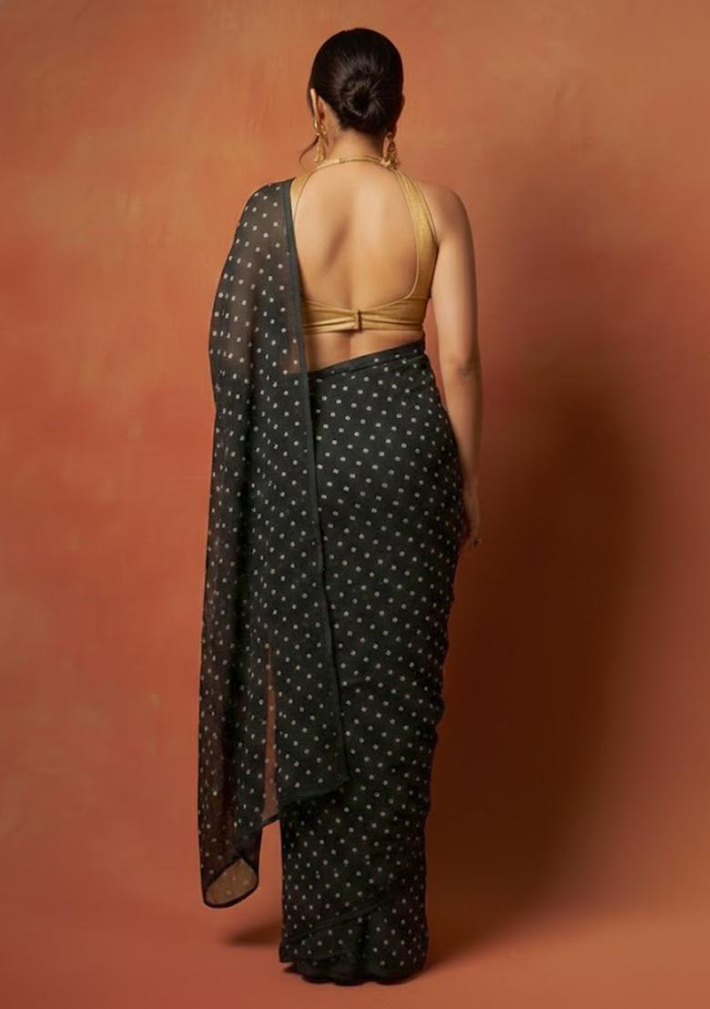 Black Embroidered Organza Pre Draped Saree Set - Indya