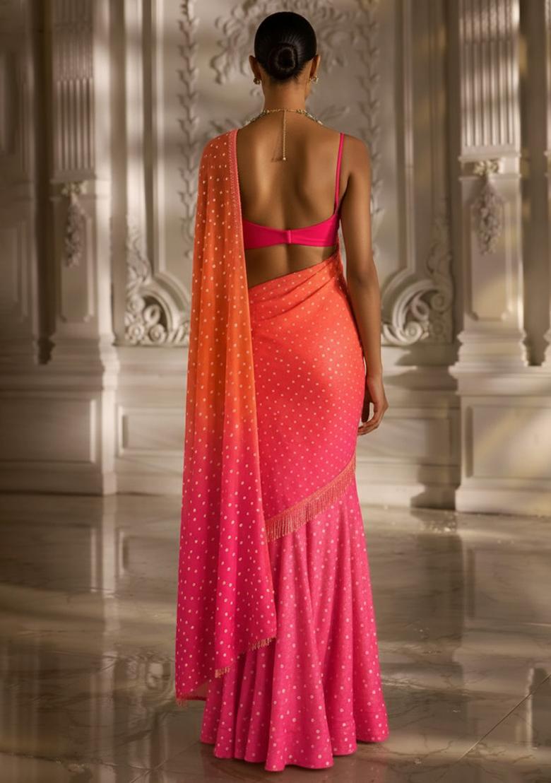 Bright Orange Silk Pre Draped Saree Set - Indya