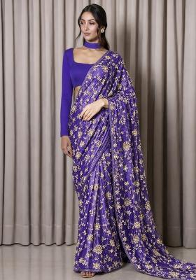 Navy Blue Embroidered Tissue Pre Draped Saree Set