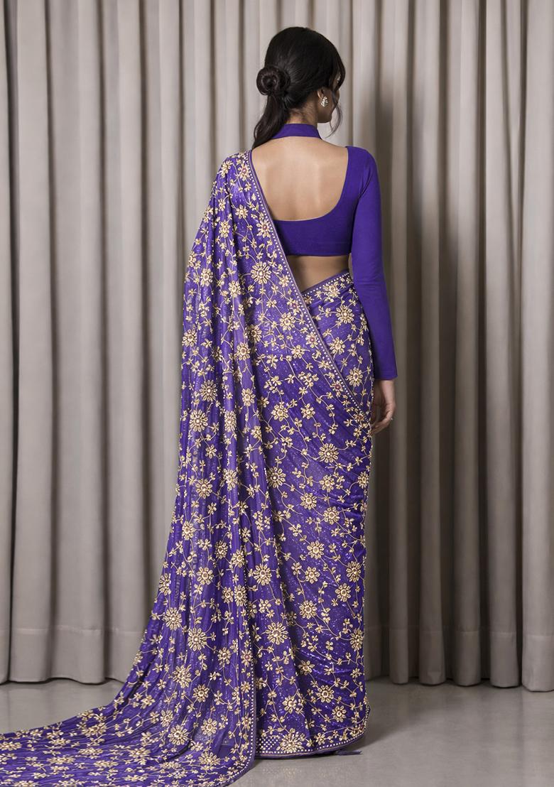 Navy Blue Embroidered Tissue Pre Draped Saree Set - Indya