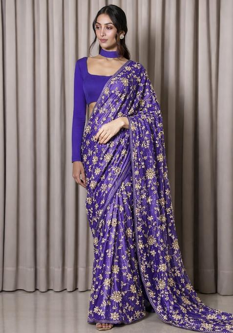 Navy Blue Embroidered Tissue Pre Draped Saree Set