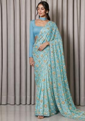 Blue Embroidered Tissue Pre Draped Saree Set