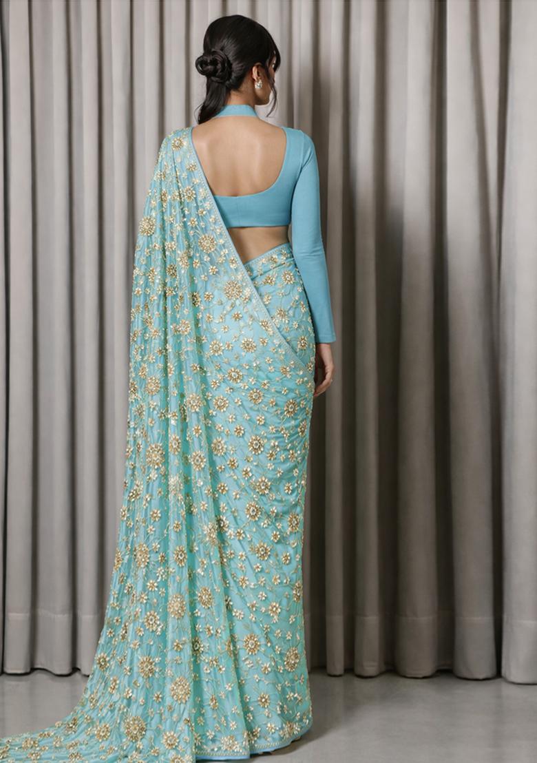Blue Embroidered Tissue Pre Draped Saree Set - Indya