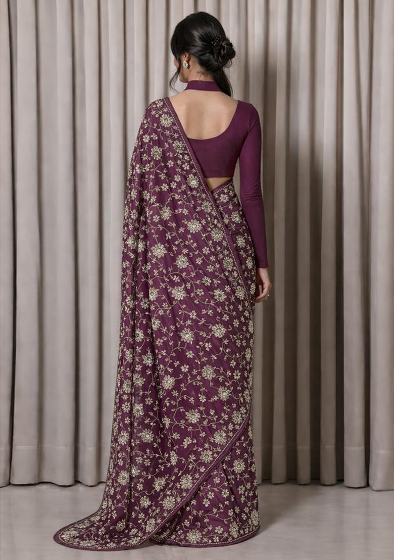 Wine Embroidered Tissue Pre Draped Saree Set - Indya