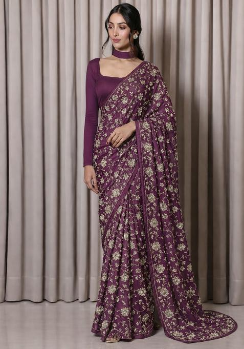 Wine Embroidered Tissue Pre Draped Saree Set