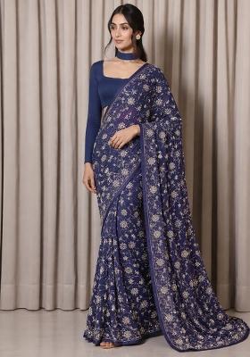 Navy Blue Embroidered Tissue Pre Draped Saree Set