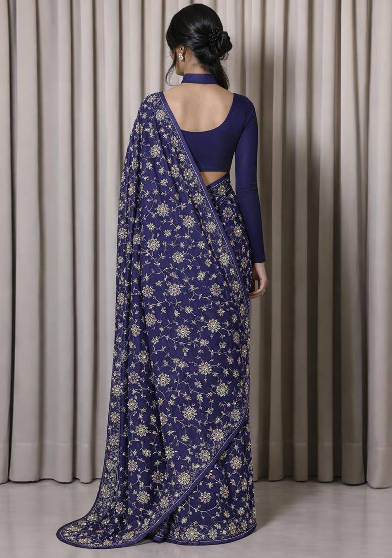 Navy Blue Embroidered Tissue Pre Draped Saree Set - Indya