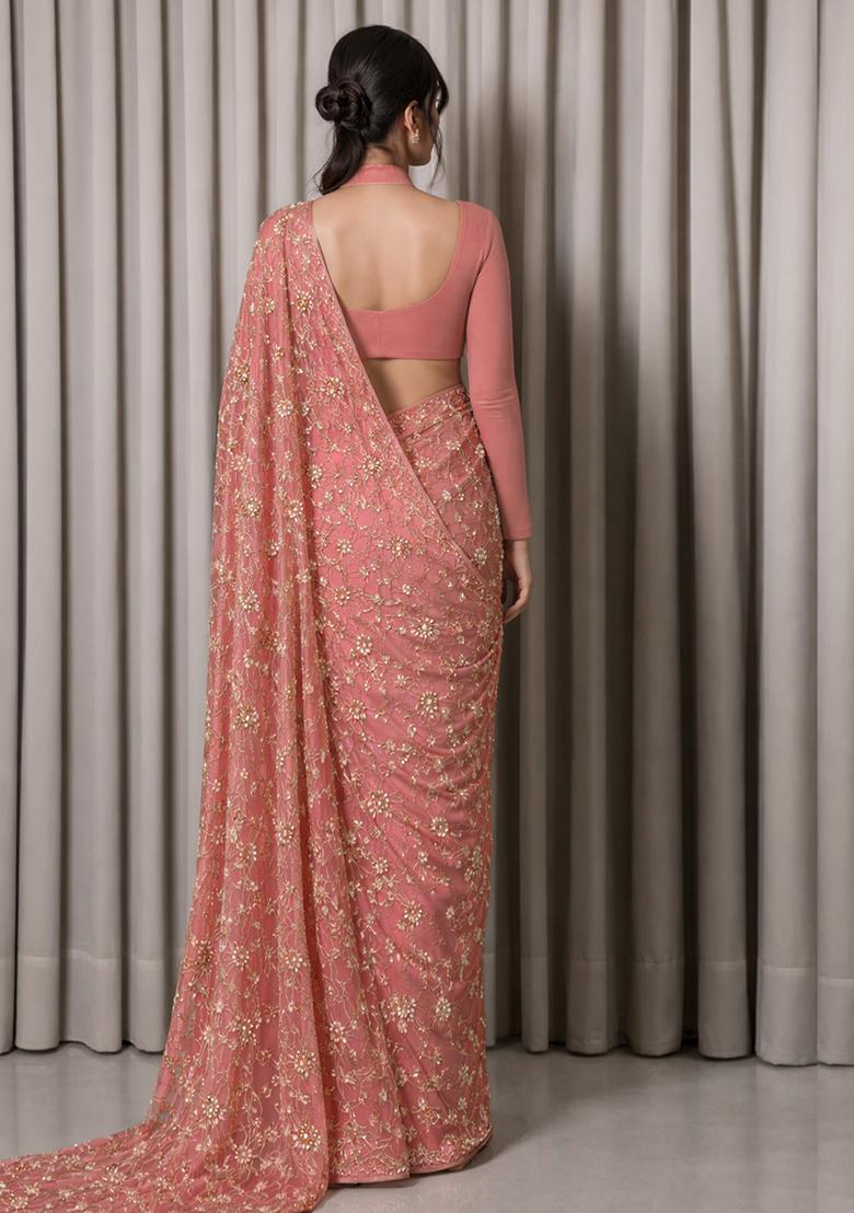Peach Embroidered Tissue Pre Draped Saree Set - Indya