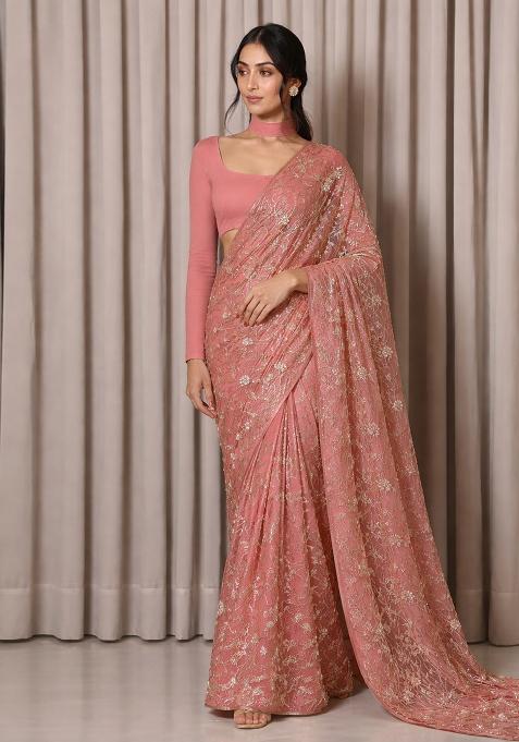 Peach Embroidered Tissue Pre Draped Saree Set