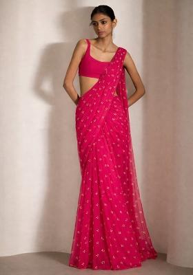 Bright Pink Embroidered Organza Pre Draped Saree Set