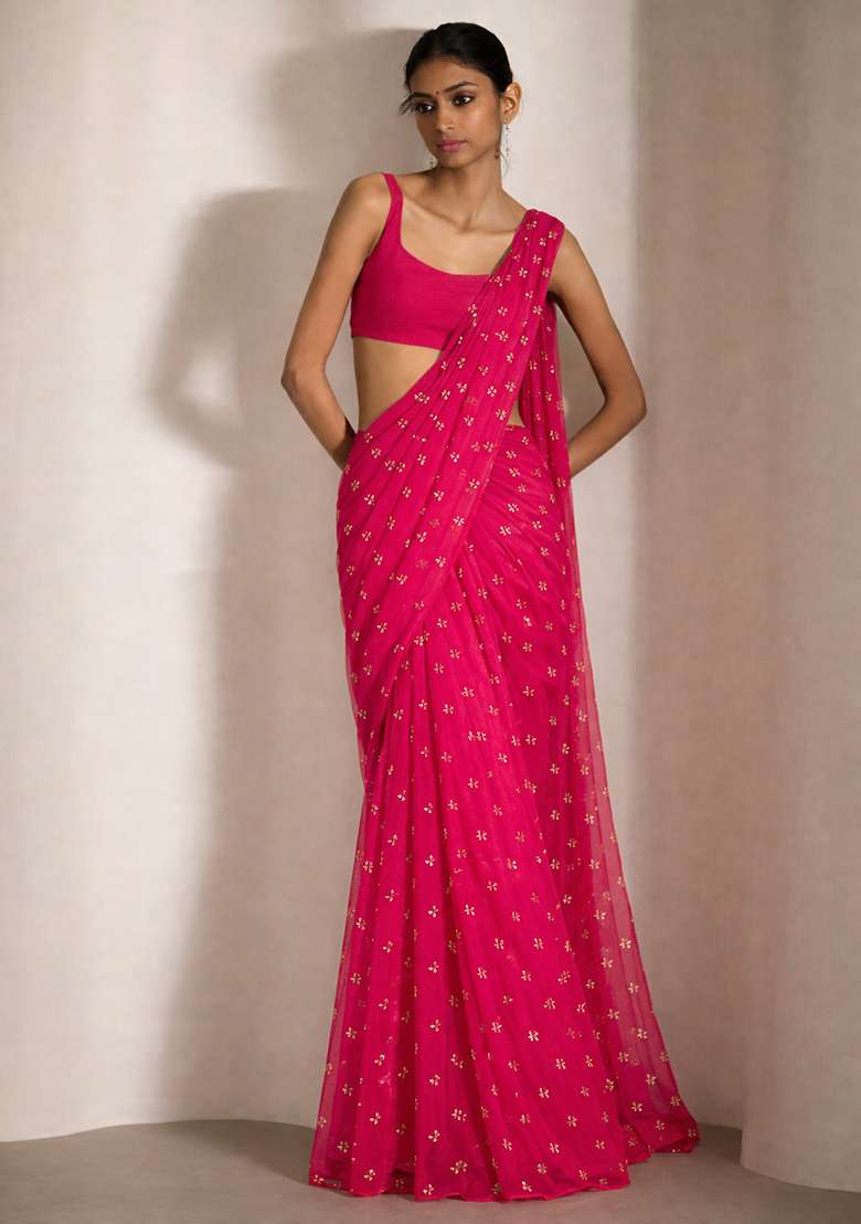 Bright Pink Embroidered Organza Pre Draped Saree Set - Indya