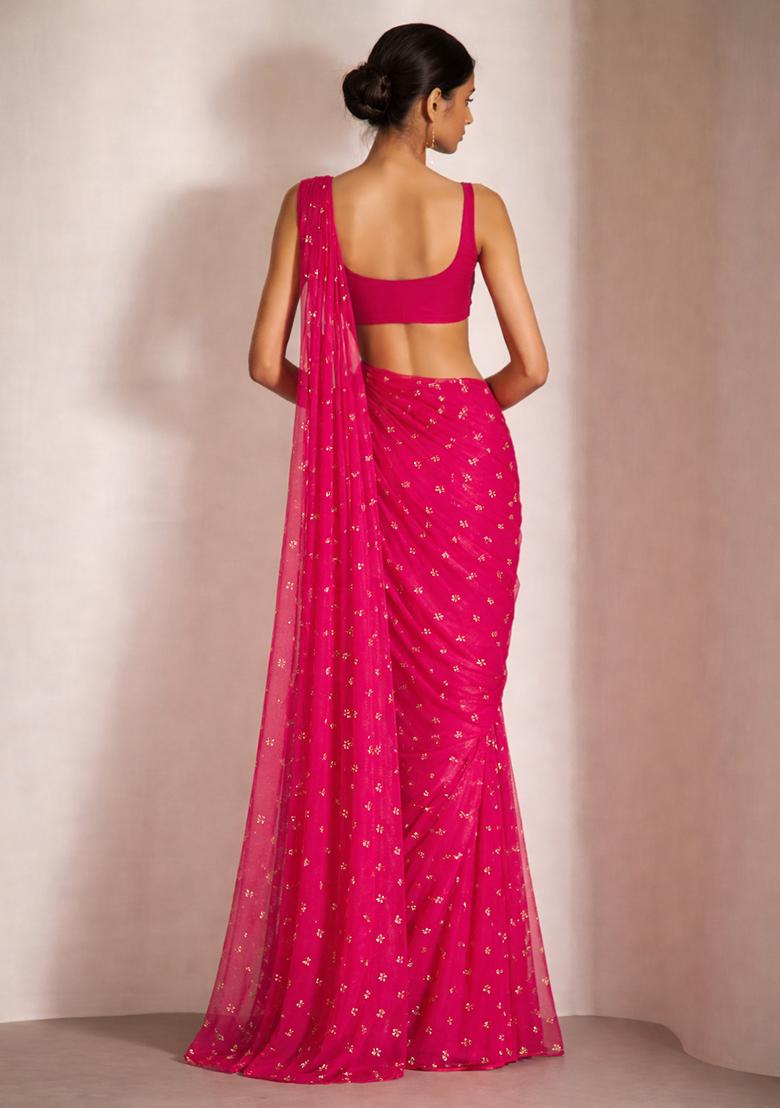 Bright Pink Embroidered Organza Pre Draped Saree Set - Indya