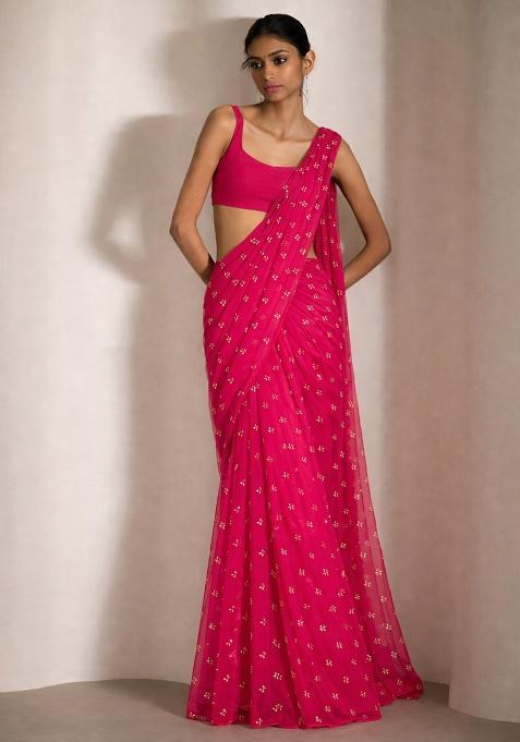 Bright Pink Embroidered Organza Pre Draped Saree Set