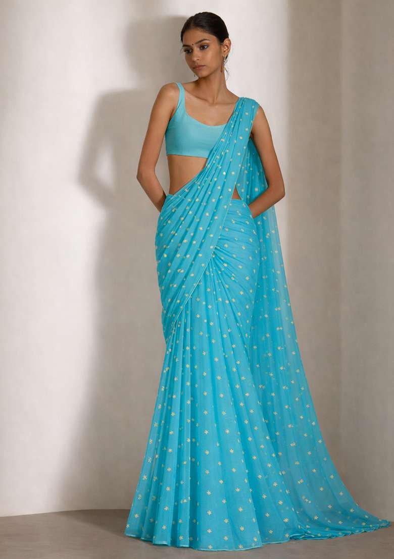 Bright Blue Embroidered Organza Pre Draped Saree Set - Indya