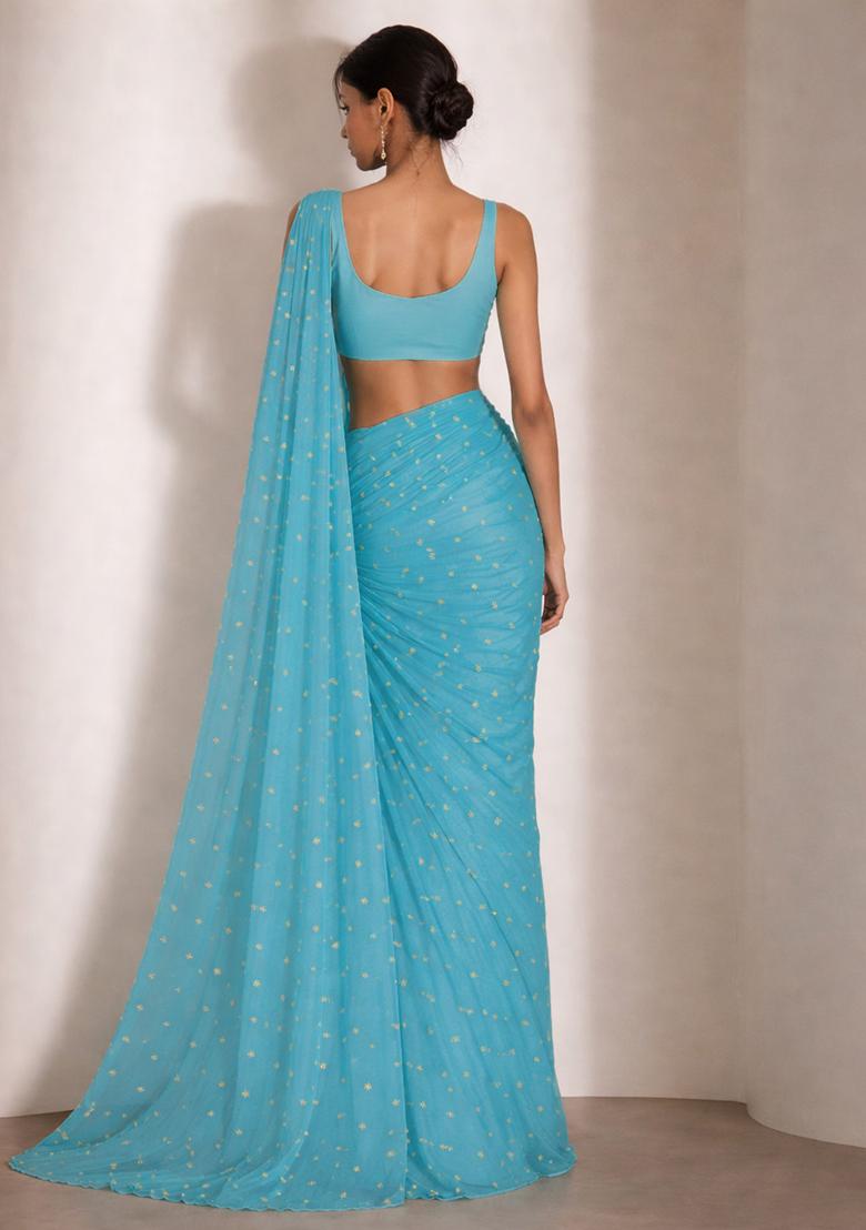 Bright Blue Embroidered Organza Pre Draped Saree Set - Indya
