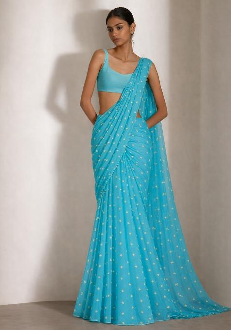 Bright Blue Embroidered Organza Pre Draped Saree Set
