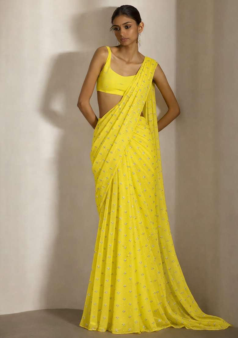 Bright Yellow Embroidered Organza Pre Draped Saree Set - Indya