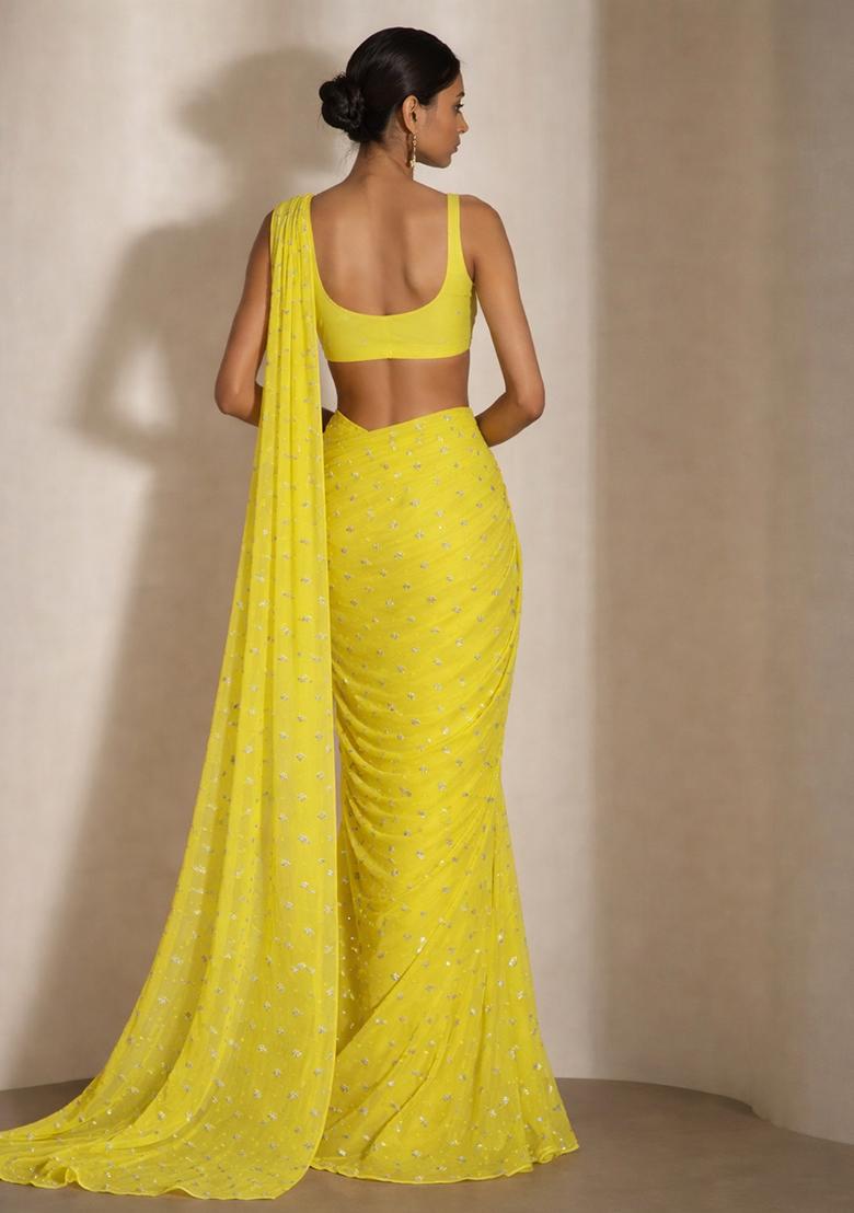 Bright Yellow Embroidered Organza Pre Draped Saree Set - Indya