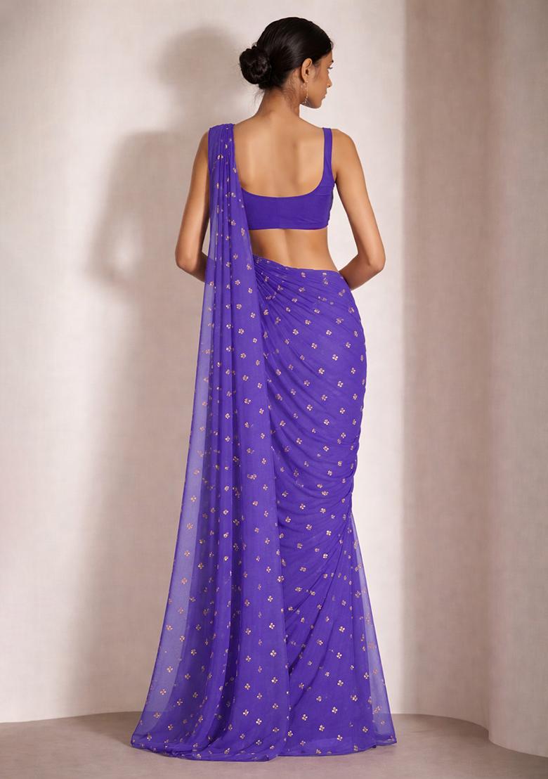 Purple Embroidered Organza Pre Draped Saree Set - Indya