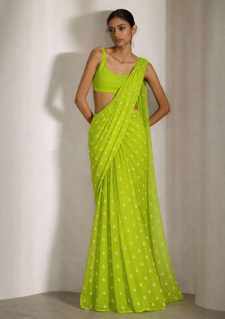 Lime Green Embroidered Organza Pre Draped Saree Set - Indya