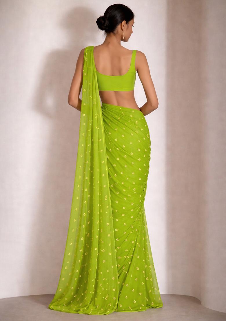 Lime Green Embroidered Organza Pre Draped Saree Set - Indya