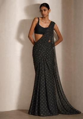 Black Embroidered Organza Pre Draped Saree Set
