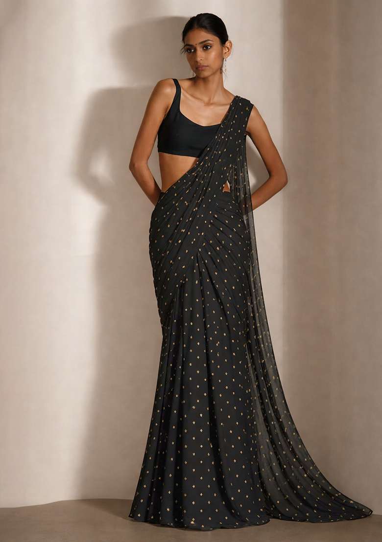 Black Embroidered Organza Pre Draped Saree Set - Indya