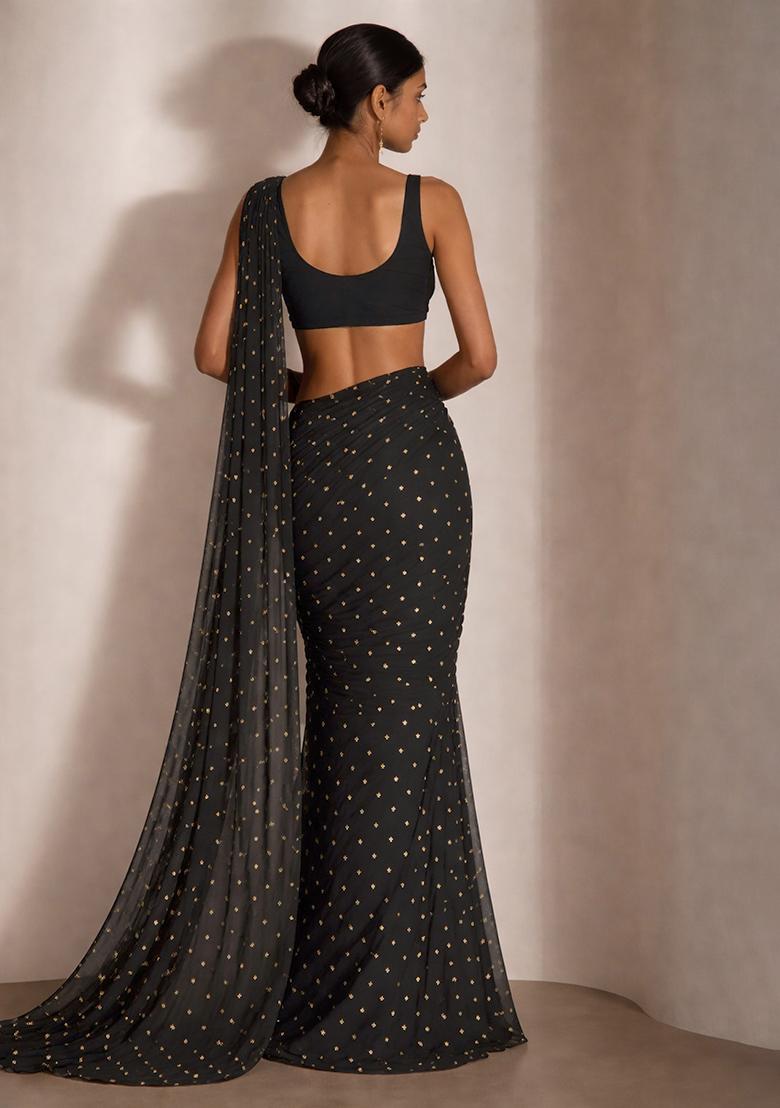 Black Embroidered Organza Pre Draped Saree Set - Indya
