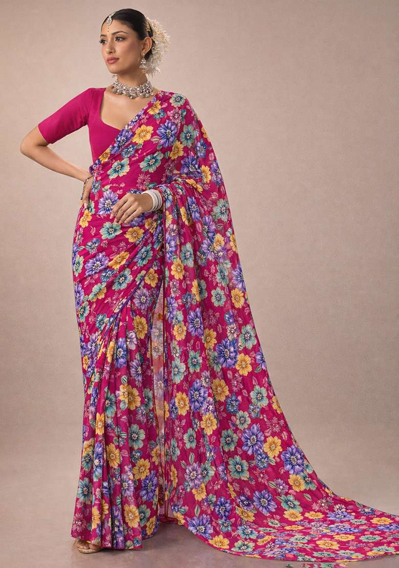 Rani Pink Floral Print Crepe Pre Draped Saree Set - Indya