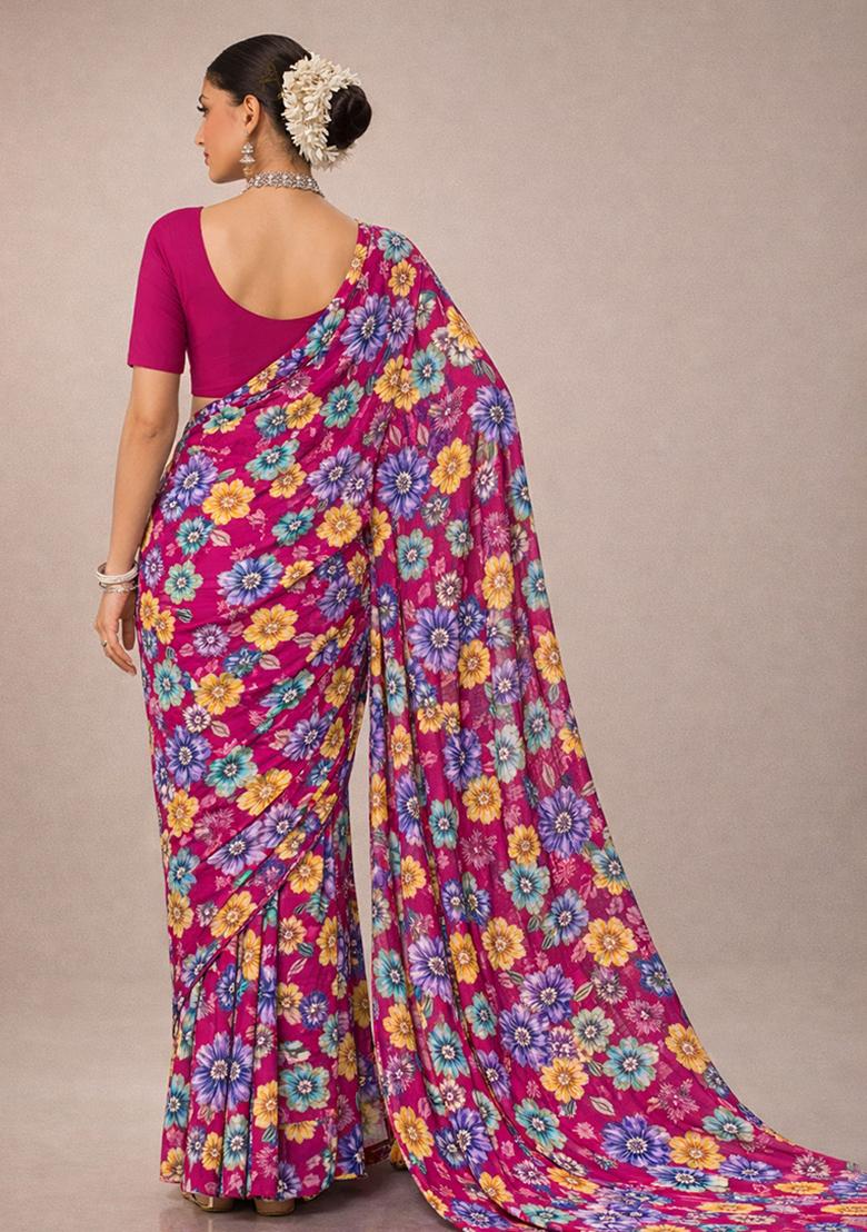 Rani Pink Floral Print Crepe Pre Draped Saree Set - Indya
