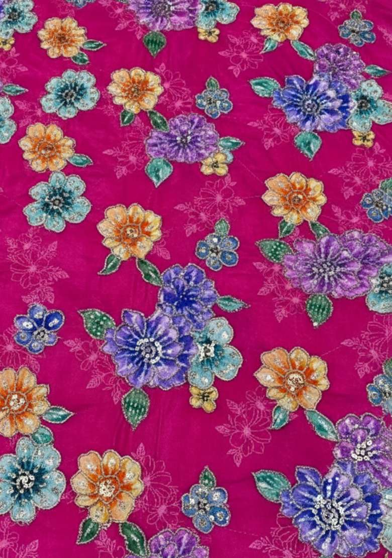 Rani Pink Floral Print Crepe Pre Draped Saree Set - Indya