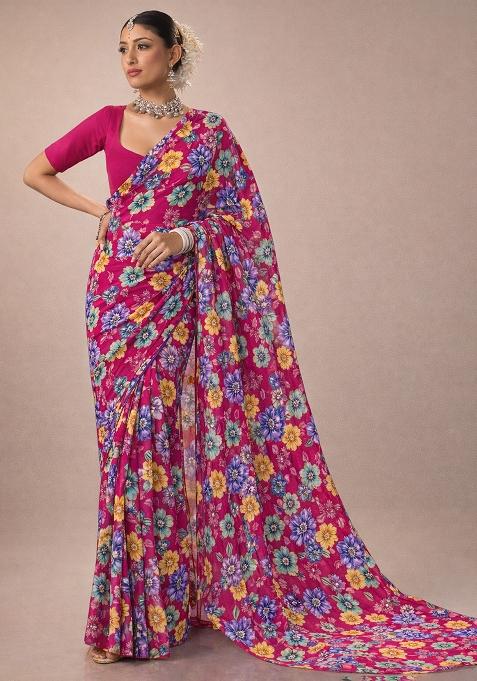 Rani Pink Floral Print Crepe Pre Draped Saree Set