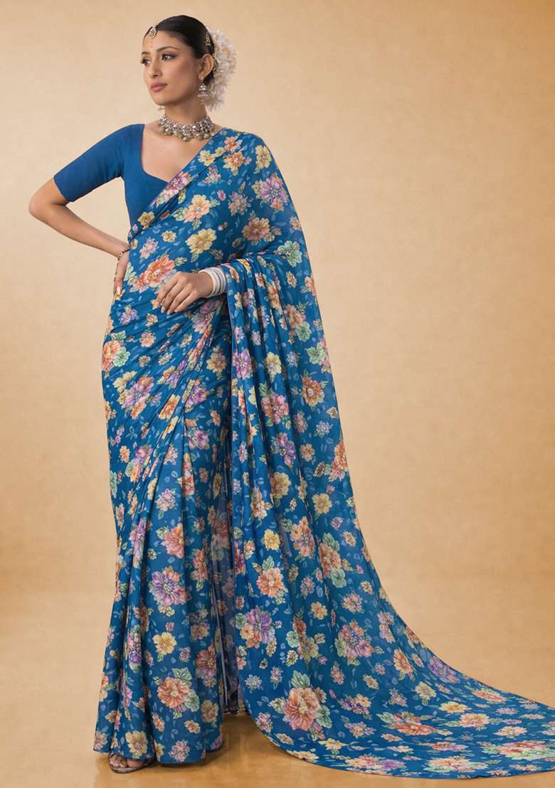 Royal Blue Floral Print Crepe Pre Draped Saree Set - Indya