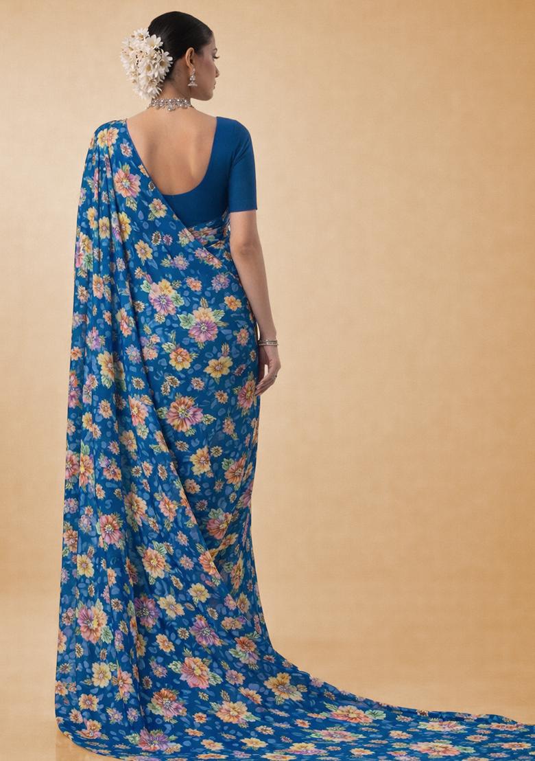 Royal Blue Floral Print Crepe Pre Draped Saree Set - Indya