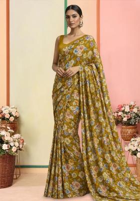Olive Green Floral Print Crepe Pre Draped Saree Set