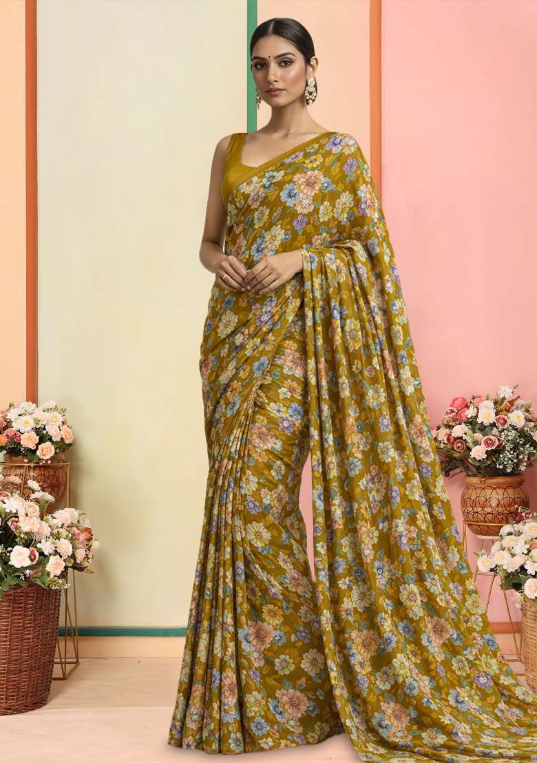 Olive Green Floral Print Crepe Pre Draped Saree Set - Indya