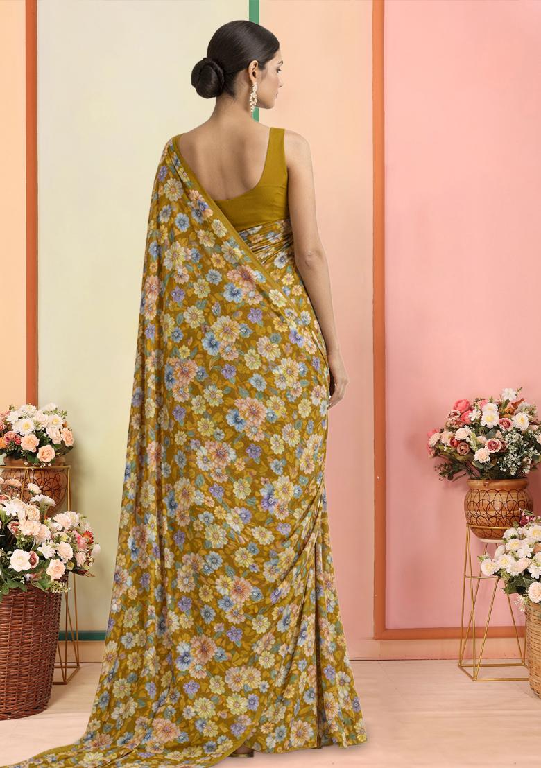 Olive Green Floral Print Crepe Pre Draped Saree Set - Indya