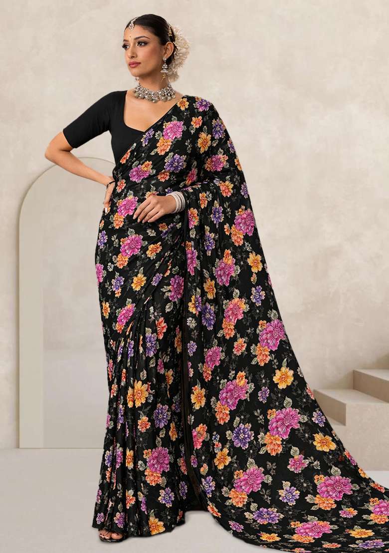 Black Floral Print Crepe Pre Draped Saree Set - Indya