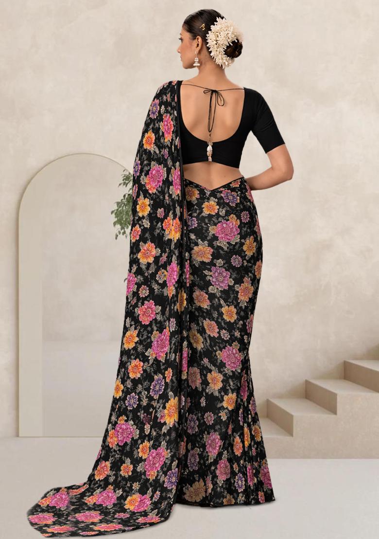 Black Floral Print Crepe Pre Draped Saree Set - Indya