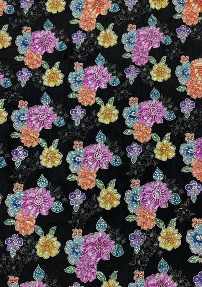 Black Floral Print Crepe Pre Draped Saree Set - Indya