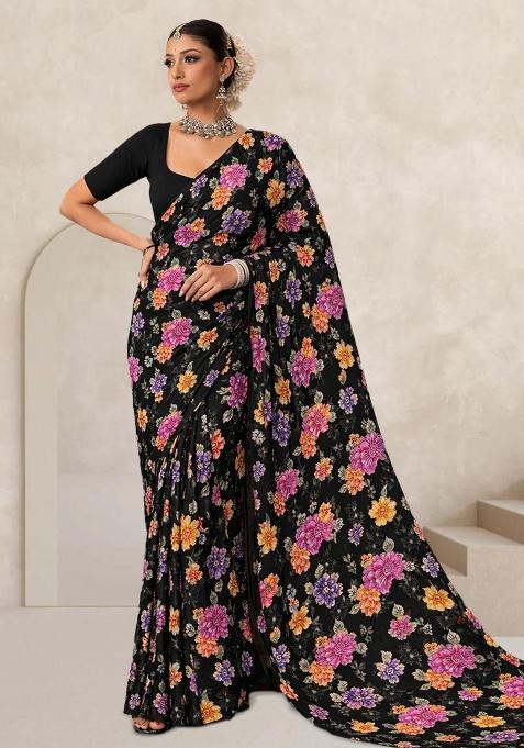 Black Floral Print Crepe Pre Draped Saree Set
