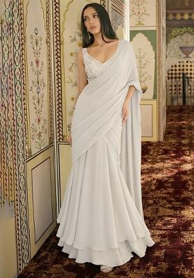 Off White Embroidered Georgette Pre Draped Saree Set