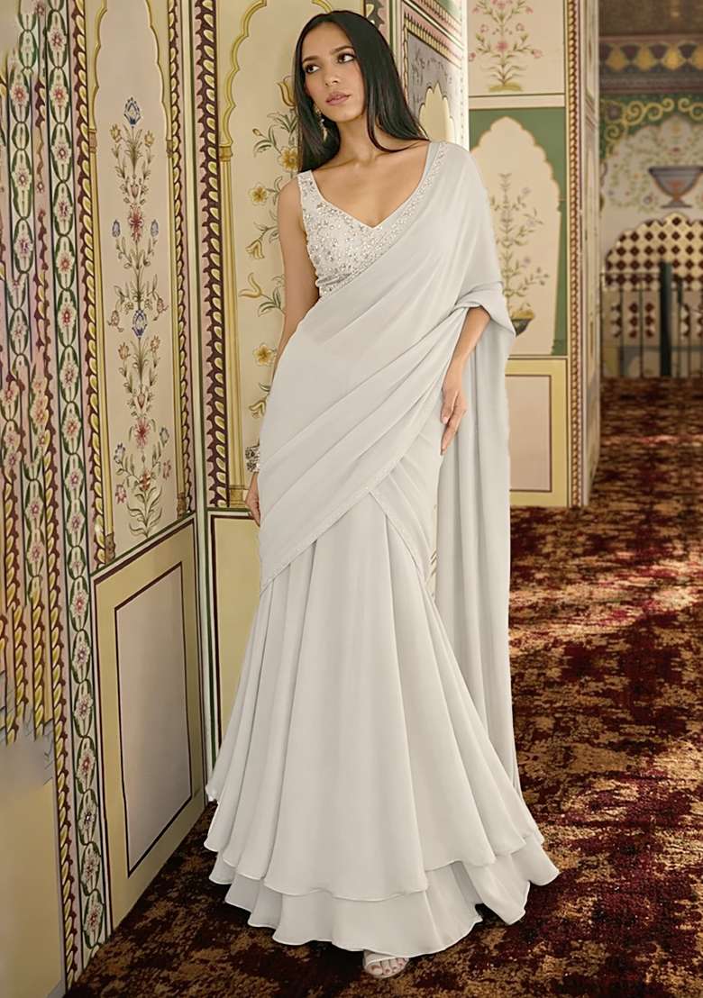 Off White Embroidered Georgette Pre Draped Saree Set - Indya