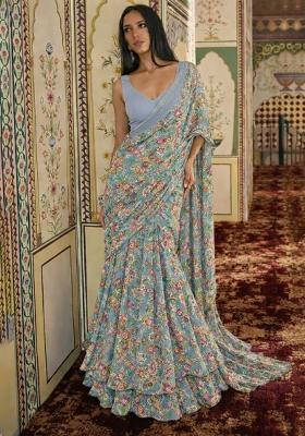 Blue Embroidered Crepe Pre Draped Saree Set
