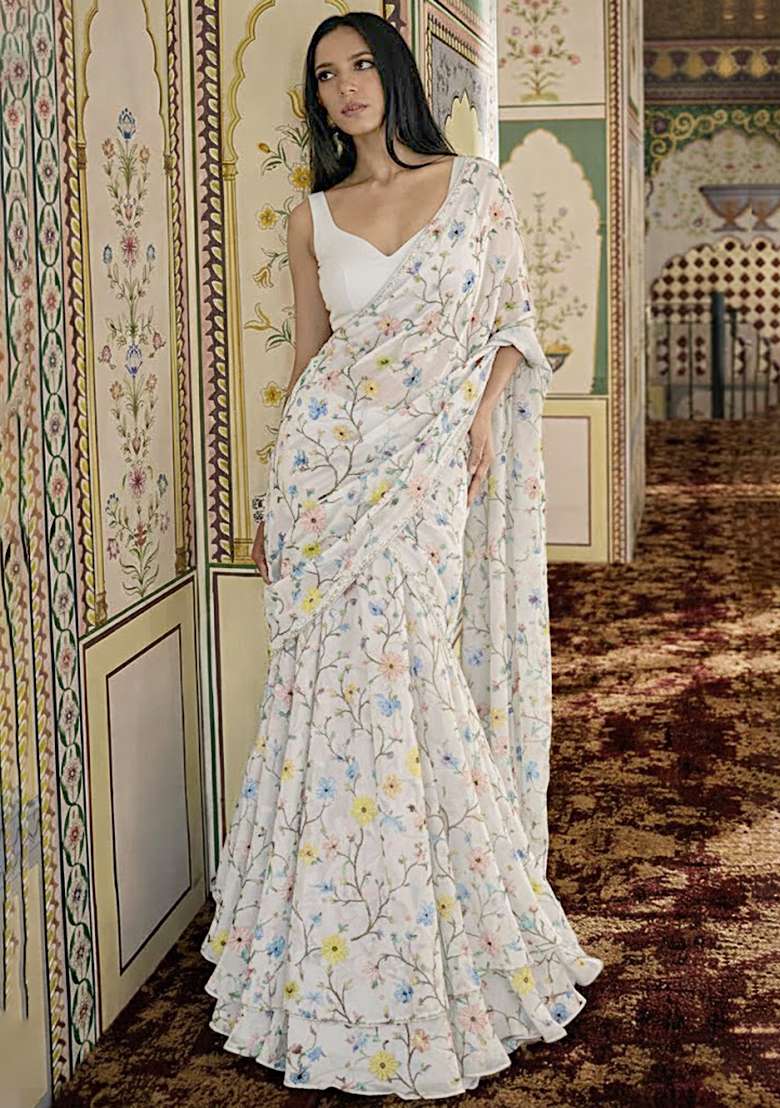 White Embroidered Georgette Pre Draped Saree Set - Indya