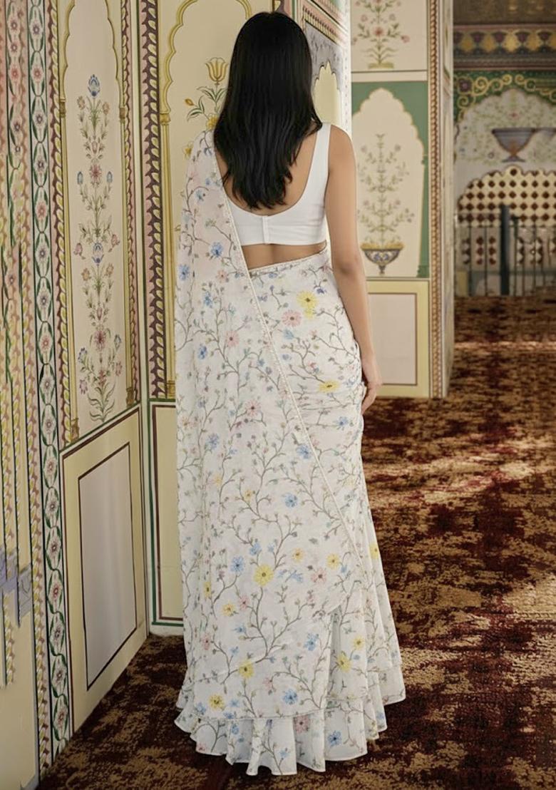 White Embroidered Georgette Pre Draped Saree Set - Indya