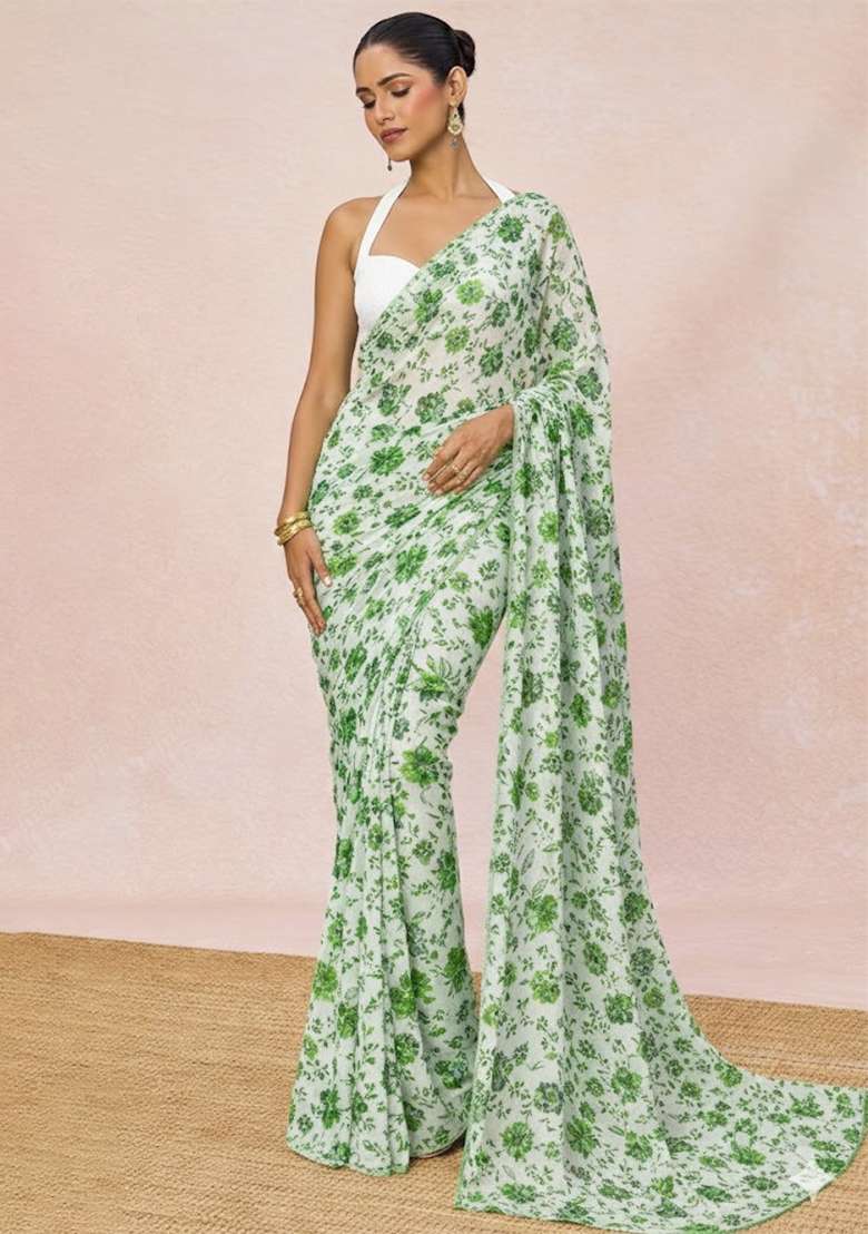 Green Crepe Pre Draped Saree Set with Floral Print for Diwali | Wedding & Festive Wear - Indya