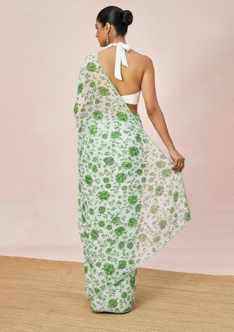 Green Floral Print Crepe Pre Draped Saree Set - Indya