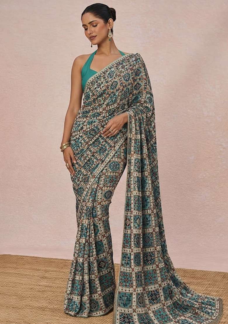 Teal Blue Sequin Crepe Pre Draped Saree Set - Indya