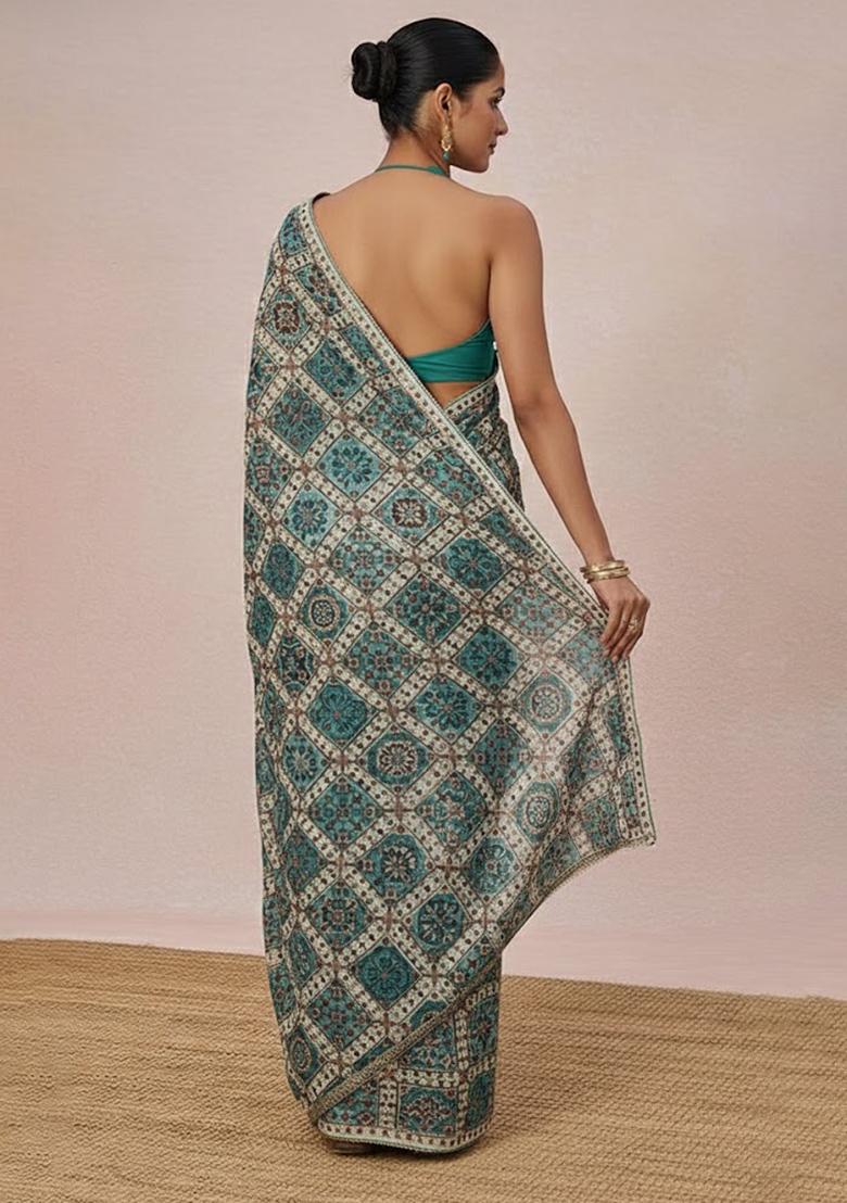 Teal Blue Sequin Crepe Pre Draped Saree Set - Indya